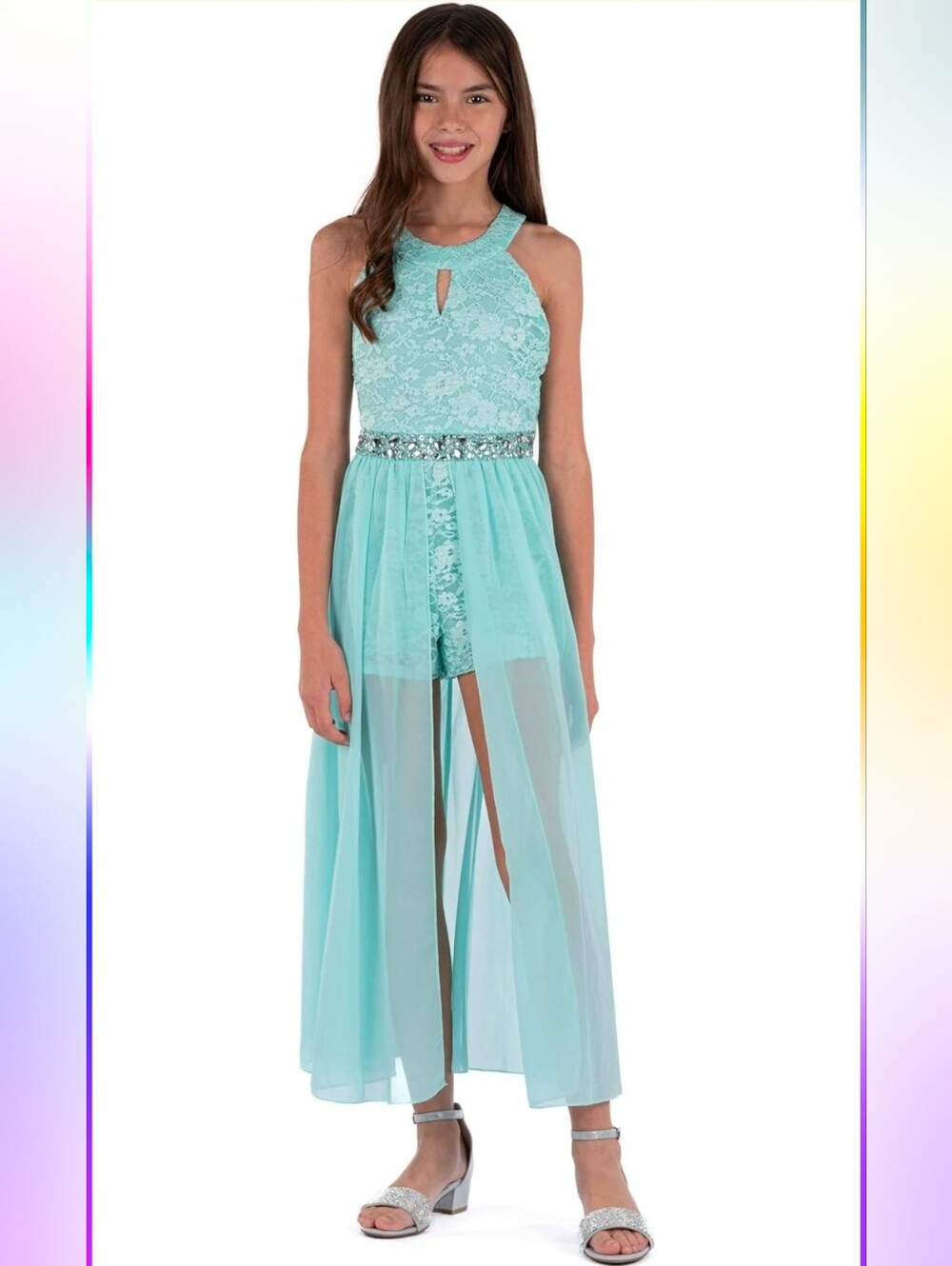 Speechless Girls' High Neck Romper Maxi Walk-Through Party Dress, Size 10